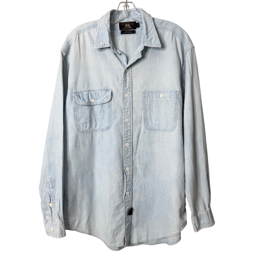 RRL Ralph Lauren Shirt Mens L Blue Chambray Denim Work Utility Cat Eye Buttons